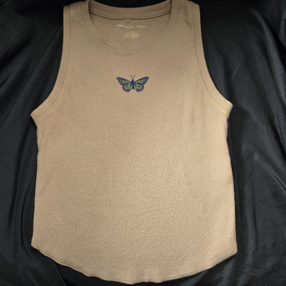 American Eagle Outfitters Tan Tank Top with Butterfly Embroidery